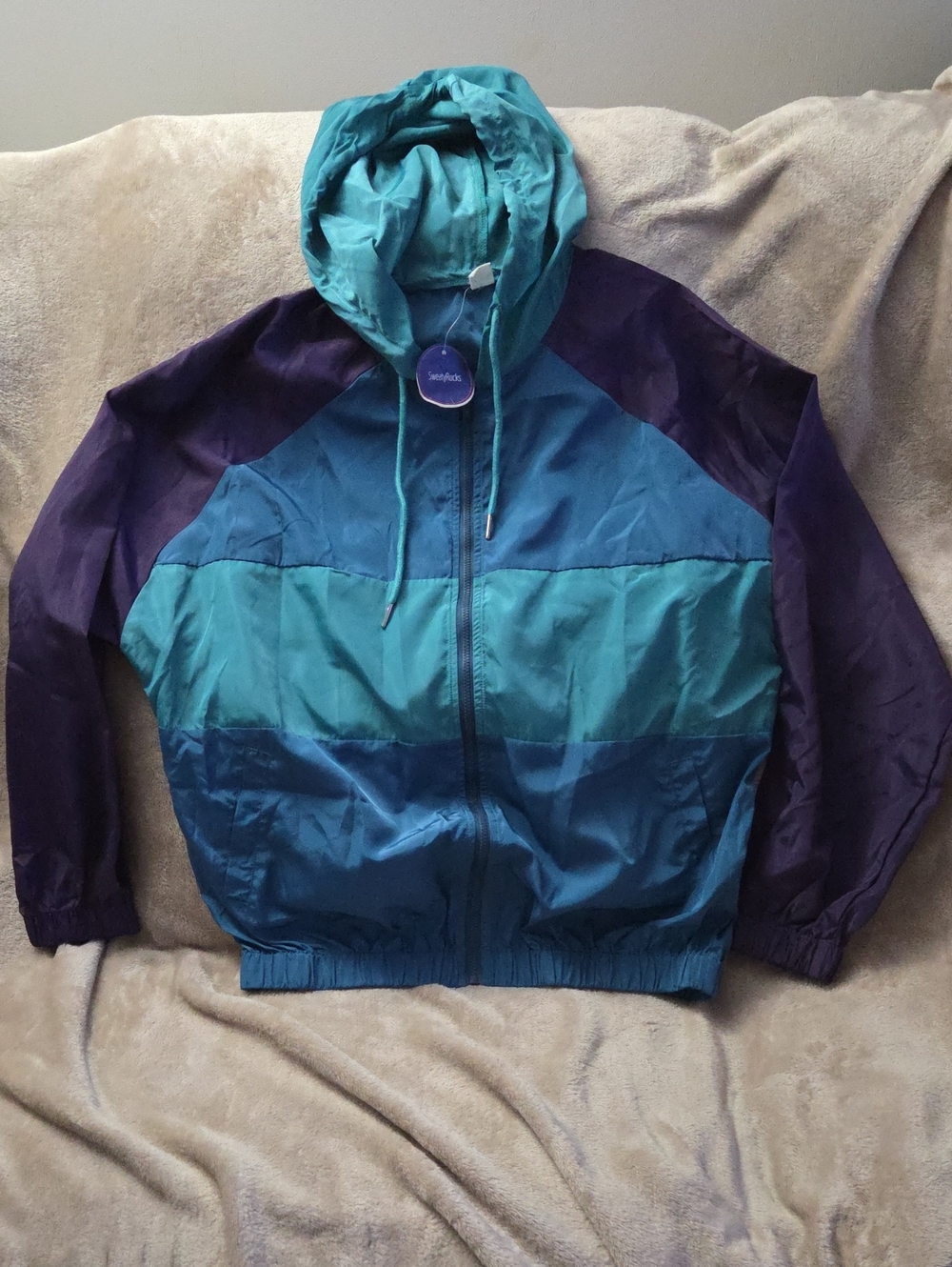 NWT - Men's Colorblock Hooded Windbreaker Jacket - Teal & Purple
